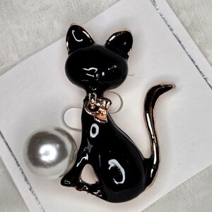 Black Cat Brooch with Pearl Accent